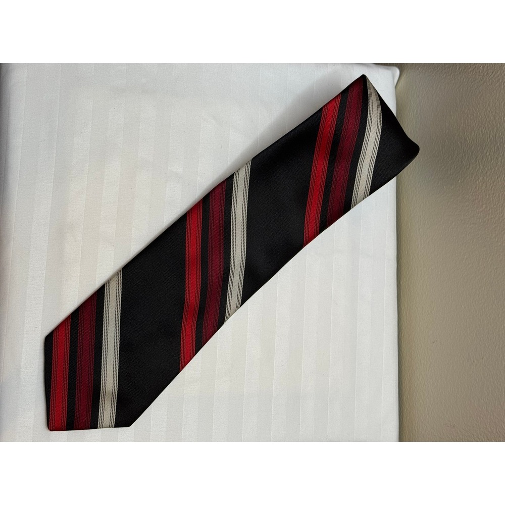 Philippe Longet Paris New York Striped Silk Necktie Red Black Silver Diagonal